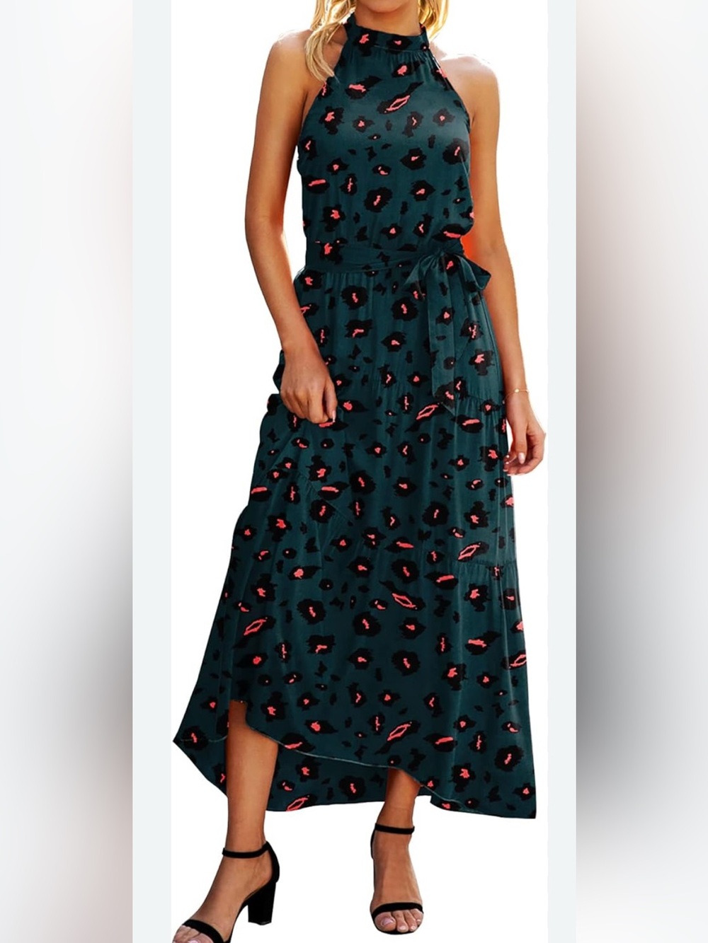 Halter-Neck Teal Maxi dress with Coral Spot Print